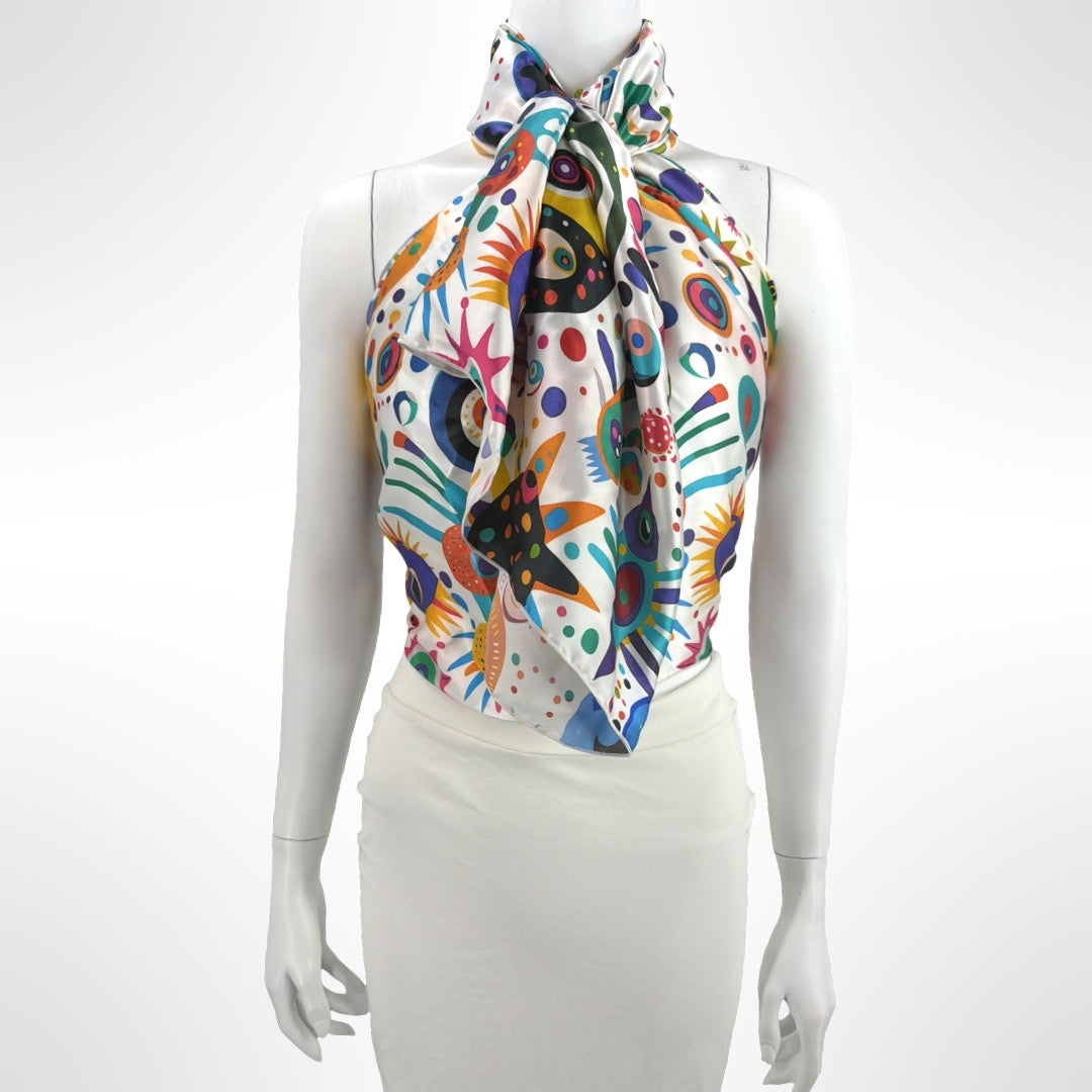 PixieOrbit Celestial Bloom Silk Charmeuse Scarf | 50" x 50" Luxury Designer Square Scarf | Wearable Art | Versatile Wrap, Shawl, Top