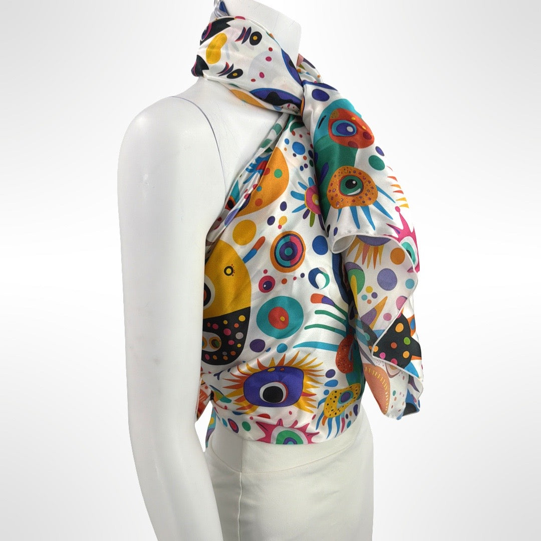 PixieOrbit Celestial Bloom Silk Charmeuse Scarf | 50" x 50" Luxury Designer Square Scarf | Wearable Art | Versatile Wrap, Shawl, Top