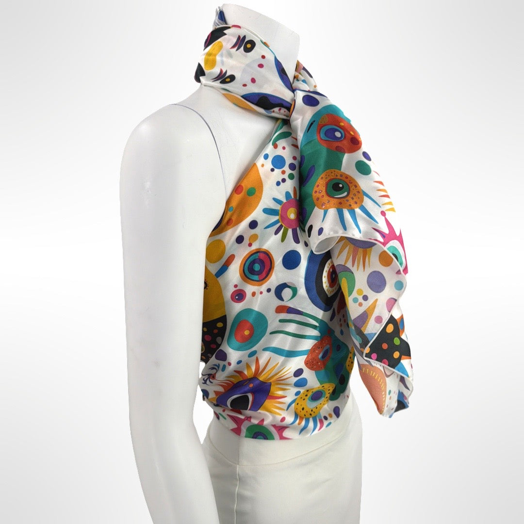 PixieOrbit Celestial Bloom Silk Charmeuse Scarf | 50" x 50" Luxury Designer Square Scarf | Wearable Art | Versatile Wrap, Shawl, Top