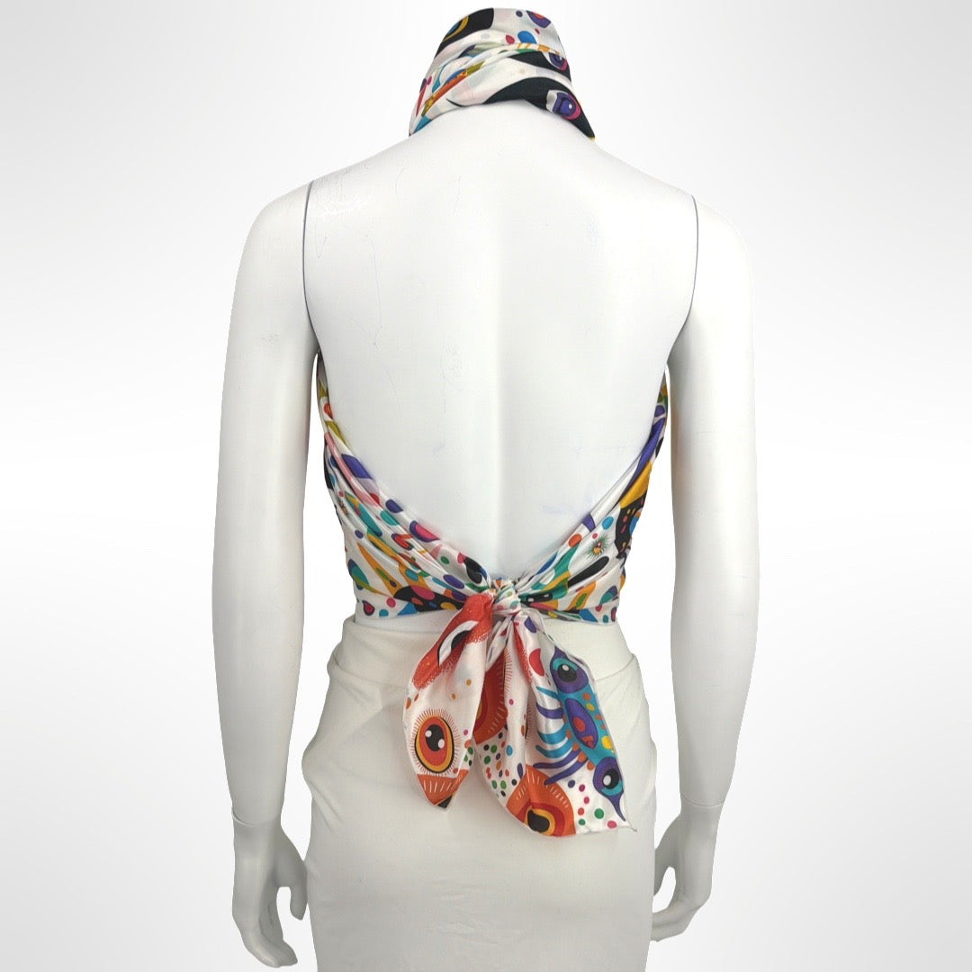 PixieOrbit Celestial Bloom Silk Charmeuse Scarf | 50" x 50" Luxury Designer Square Scarf | Wearable Art | Versatile Wrap, Shawl, Top